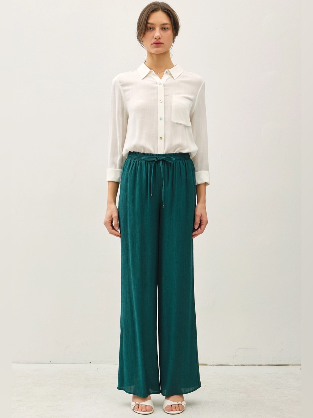 Wide-Leg Drawstring Pants in Teal
